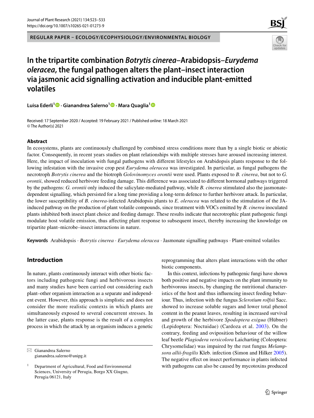 In the Tripartite Combination Botrytis Cinerea–Arabidopsis–Eurydema