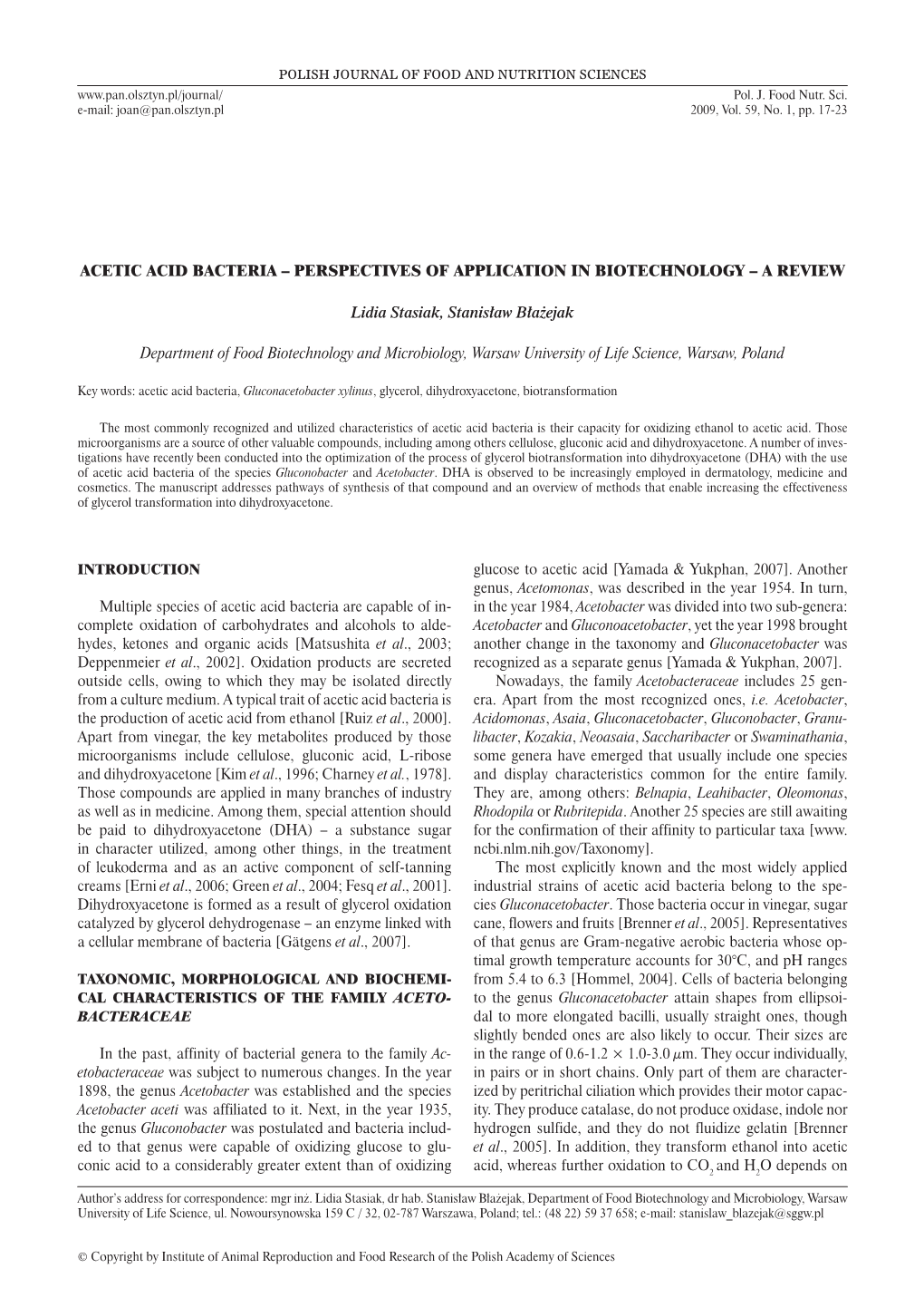 Acetic Acid Bacteria – Perspectives of Application in Biotechnology – a Review