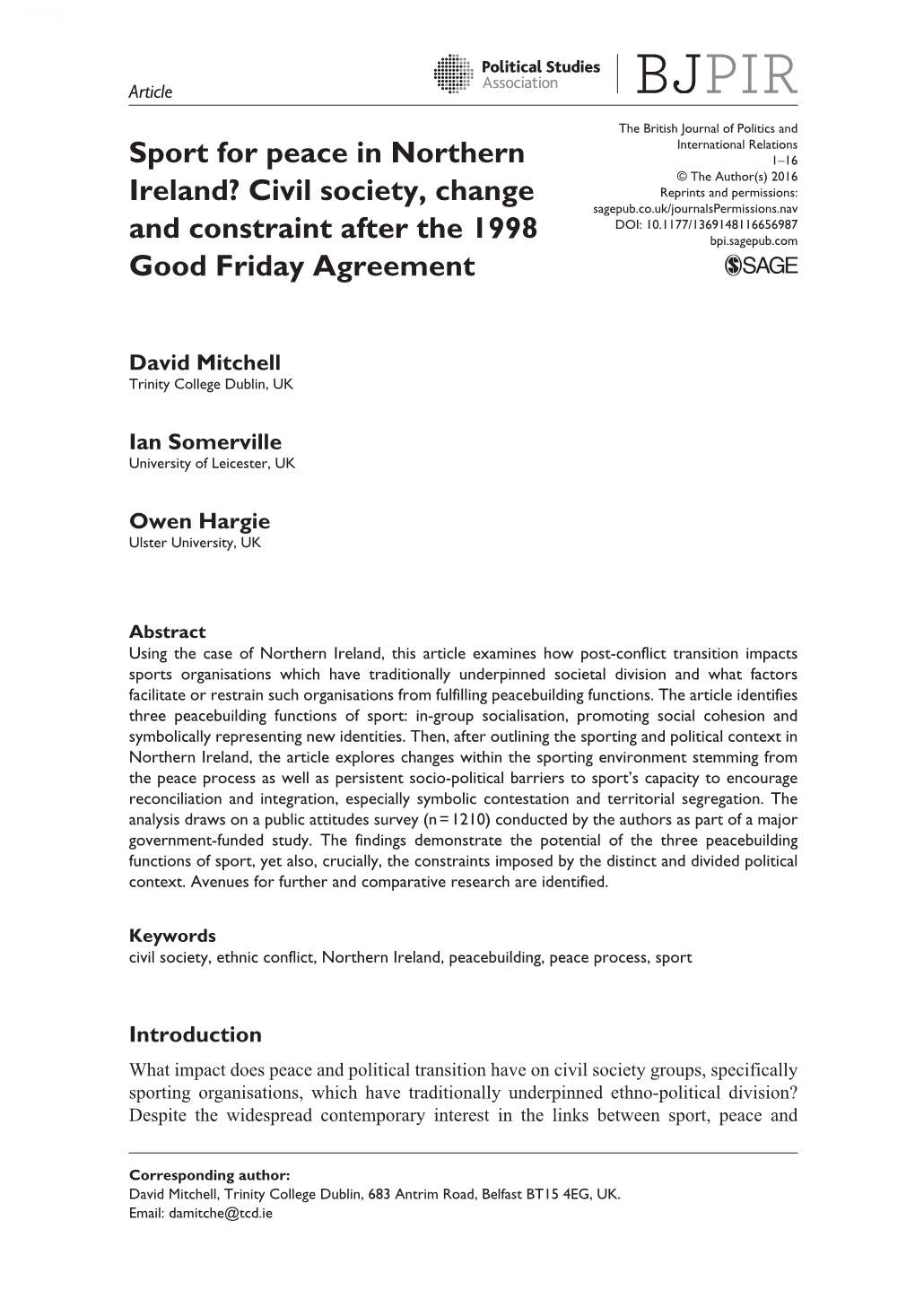 Sport for Peace in Northern Ireland? Civil Society, Change and Constraint After the 1998 Good Friday Agreement