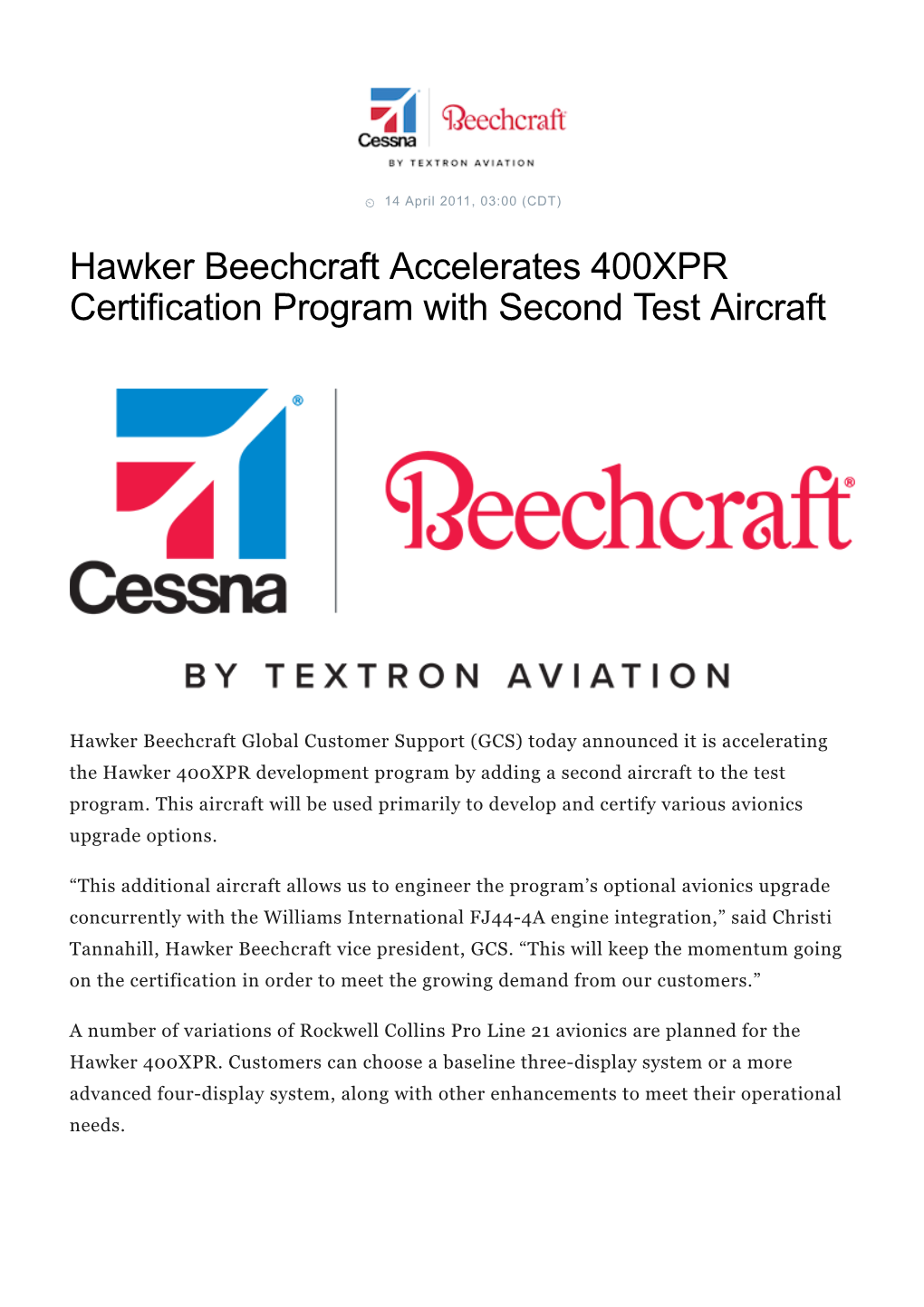 Hawker Beechcraft Accelerates 400XPR Certification Program with Second Test Aircraft