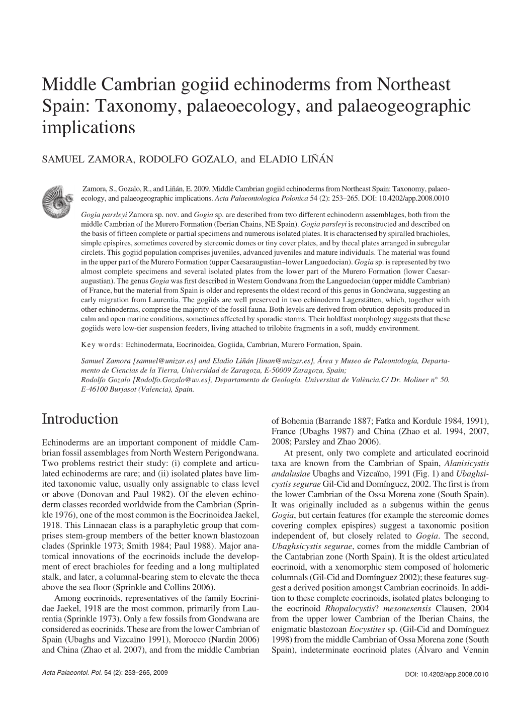 Middle Cambrian Gogiid Echinoderms from Northeast Spain: Taxonomy, Palaeoecology, and Palaeogeographic Implications