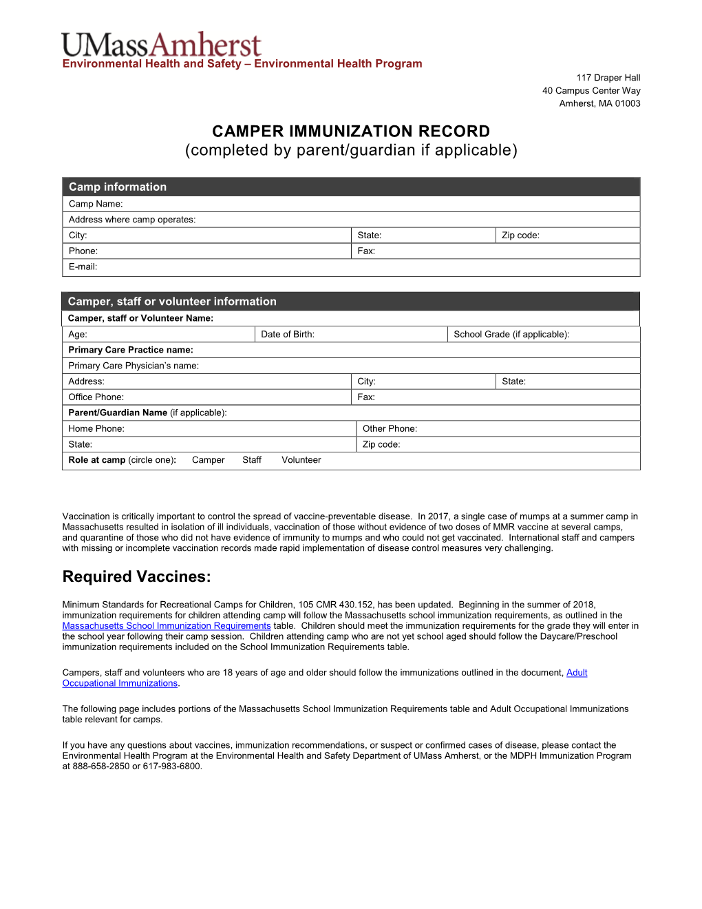 CAMPER IMMUNIZATION RECORD (Completed by Parent/Guardian If Applicable)