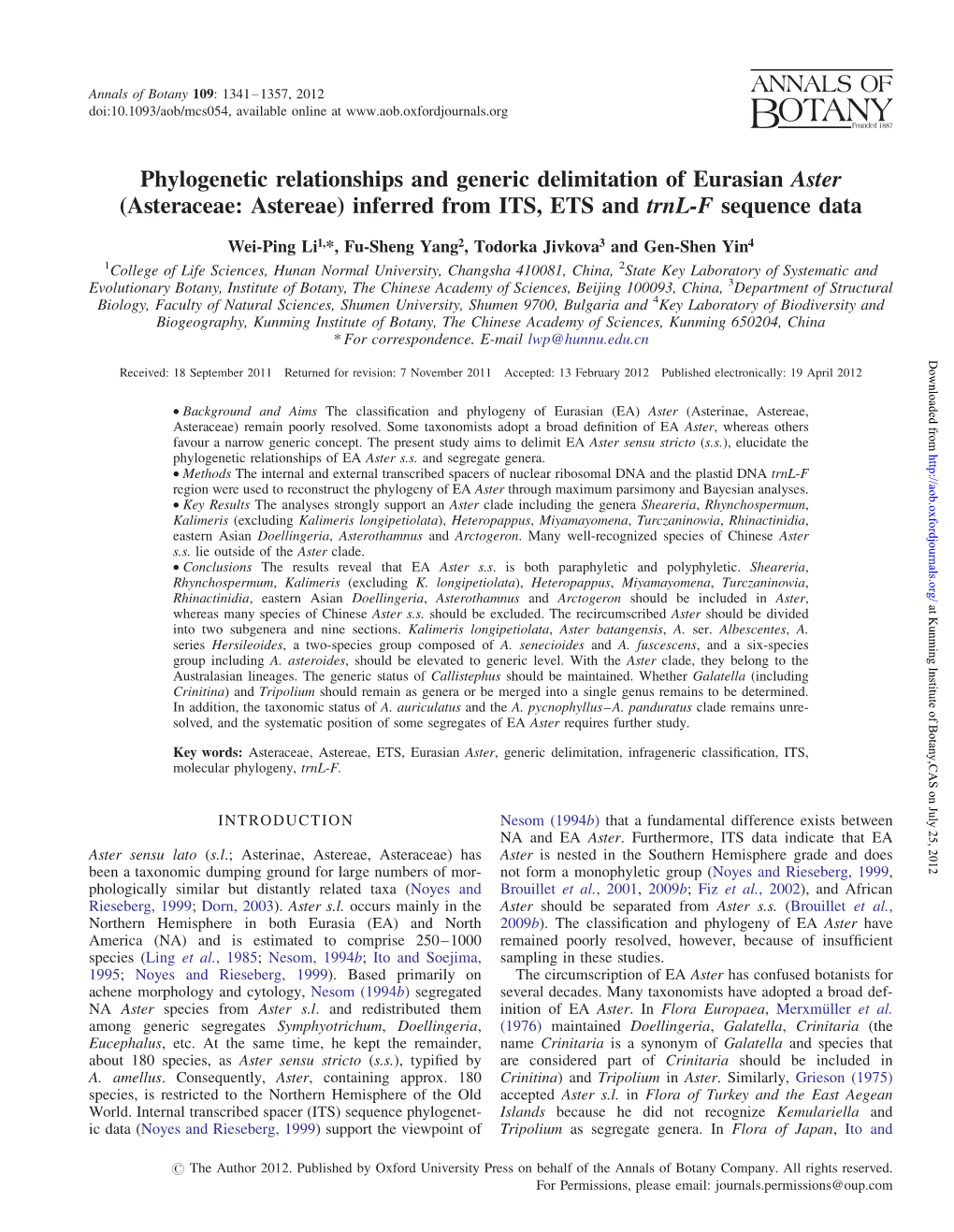 Phylogenetic Relationships and Generic Delimitation of Eurasian Aster (Asteraceae: Astereae) Inferred from ITS, ETS and Trnl-F Sequence Data