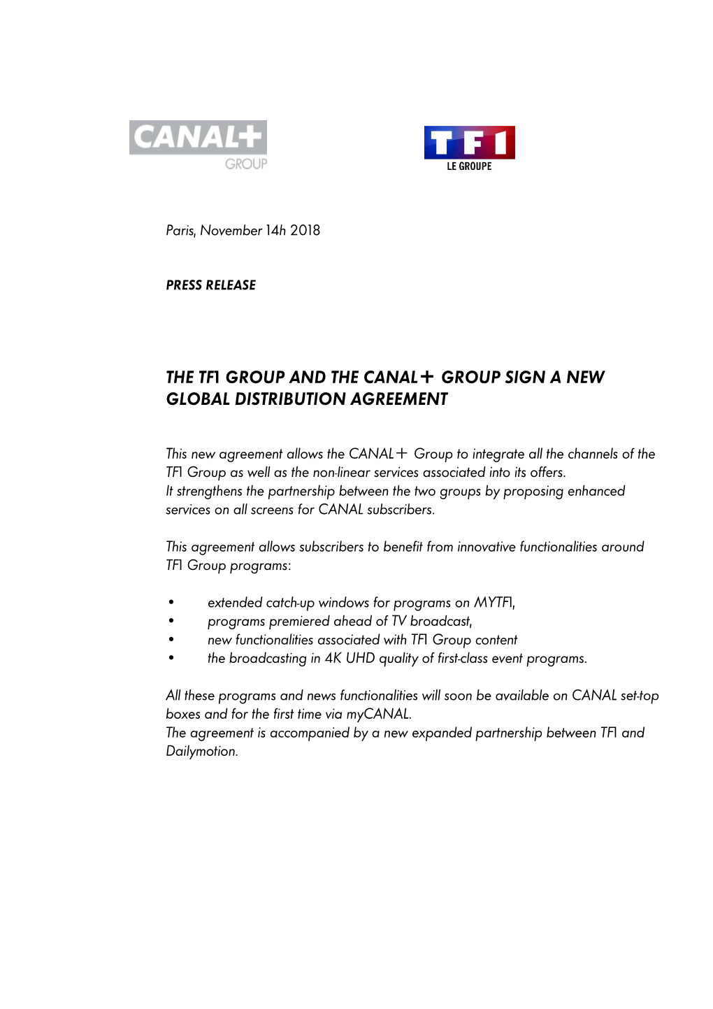 20181114 Press Release Group Canal+ the TF1 GROUP and THE