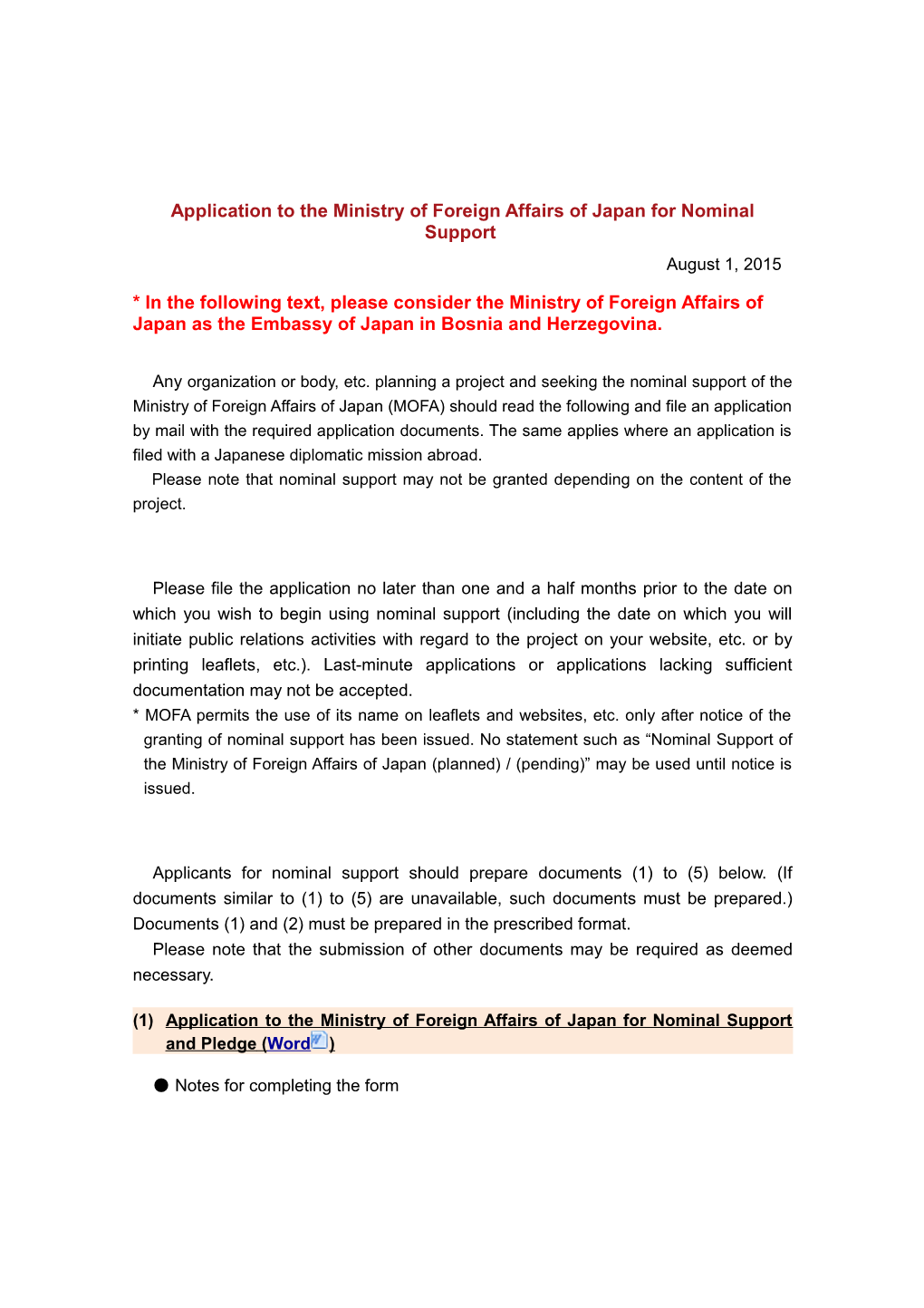 Application to the Ministry of Foreign Affairs of Japan for Nominal Support