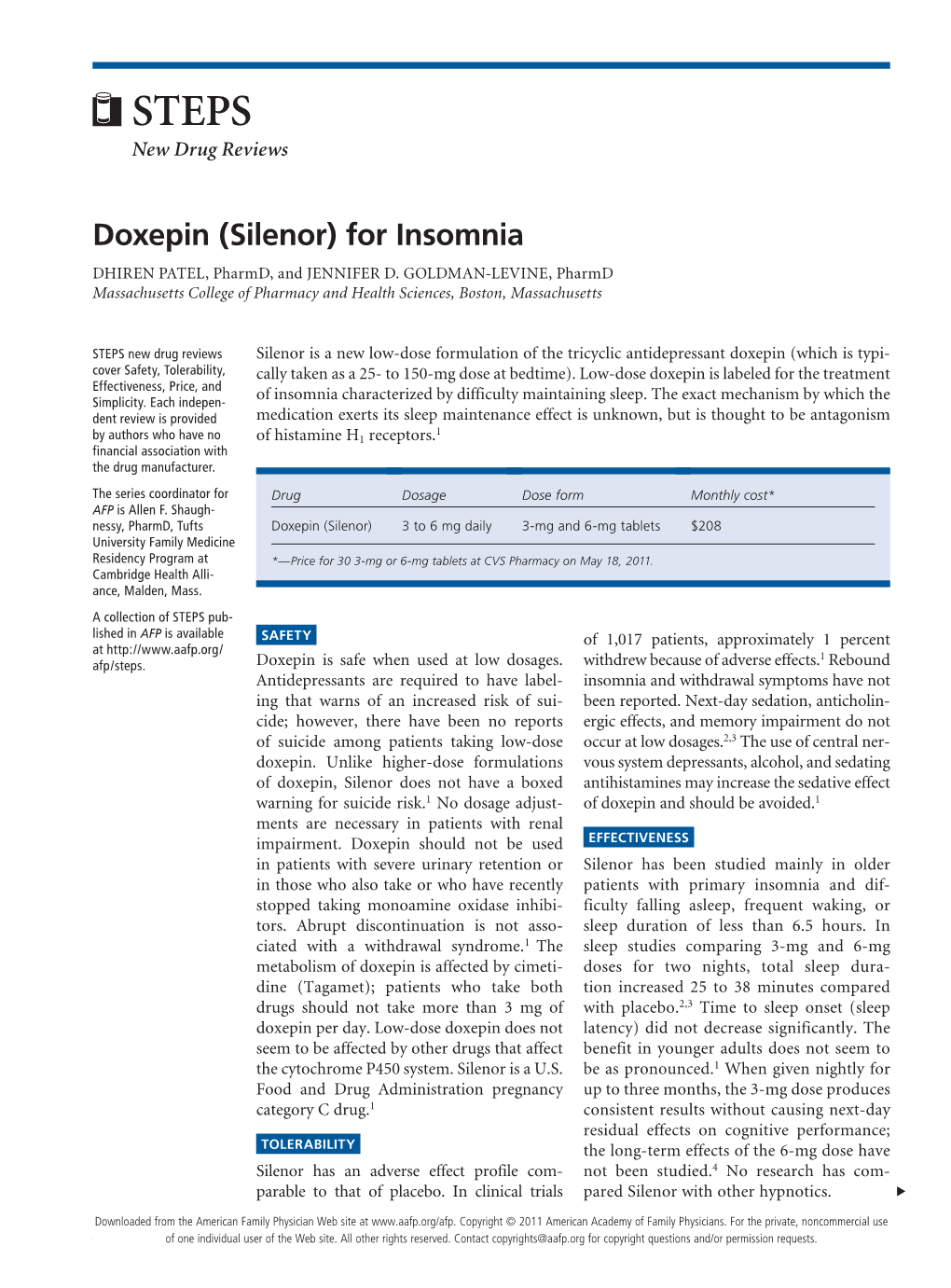 Doxepin (Silenor) for Insomnia DHIREN PATEL, Pharmd, and JENNIFER D