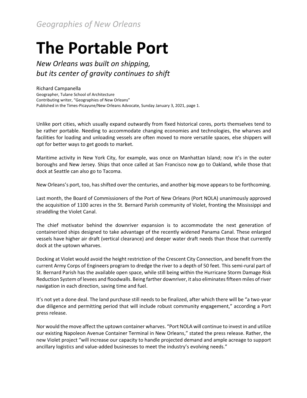 Geographies of New Orleans the Portable Port New Orleans Was Built on Shipping, but Its Center of Gravity Continues to Shift