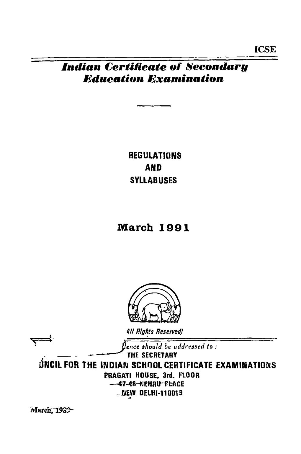 Indian Certiheate of Secondarfg Education Examination March 1991