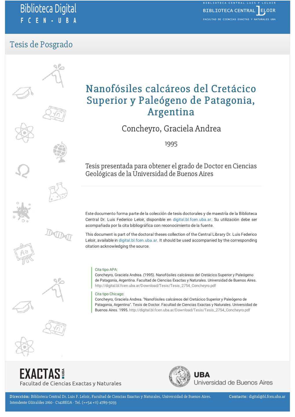 Nanofósiles Calcáreos Del Cretácico Superior Y Paleógeno De Patagonia, Argentina Concheyro, Graciela Andrea 1995