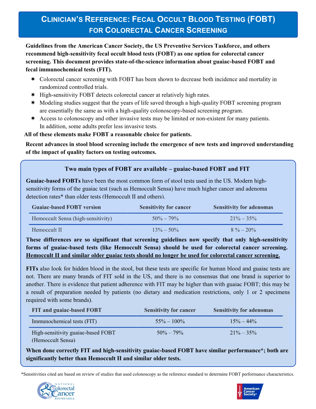 Clinician's Reference: Fecal Occult Blood Testing (Fobt