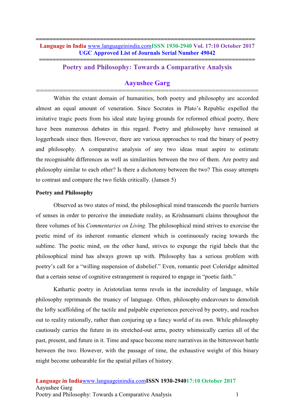 Poetry and Philosophy: Towards a Comparative Analysis Aayushee Garg