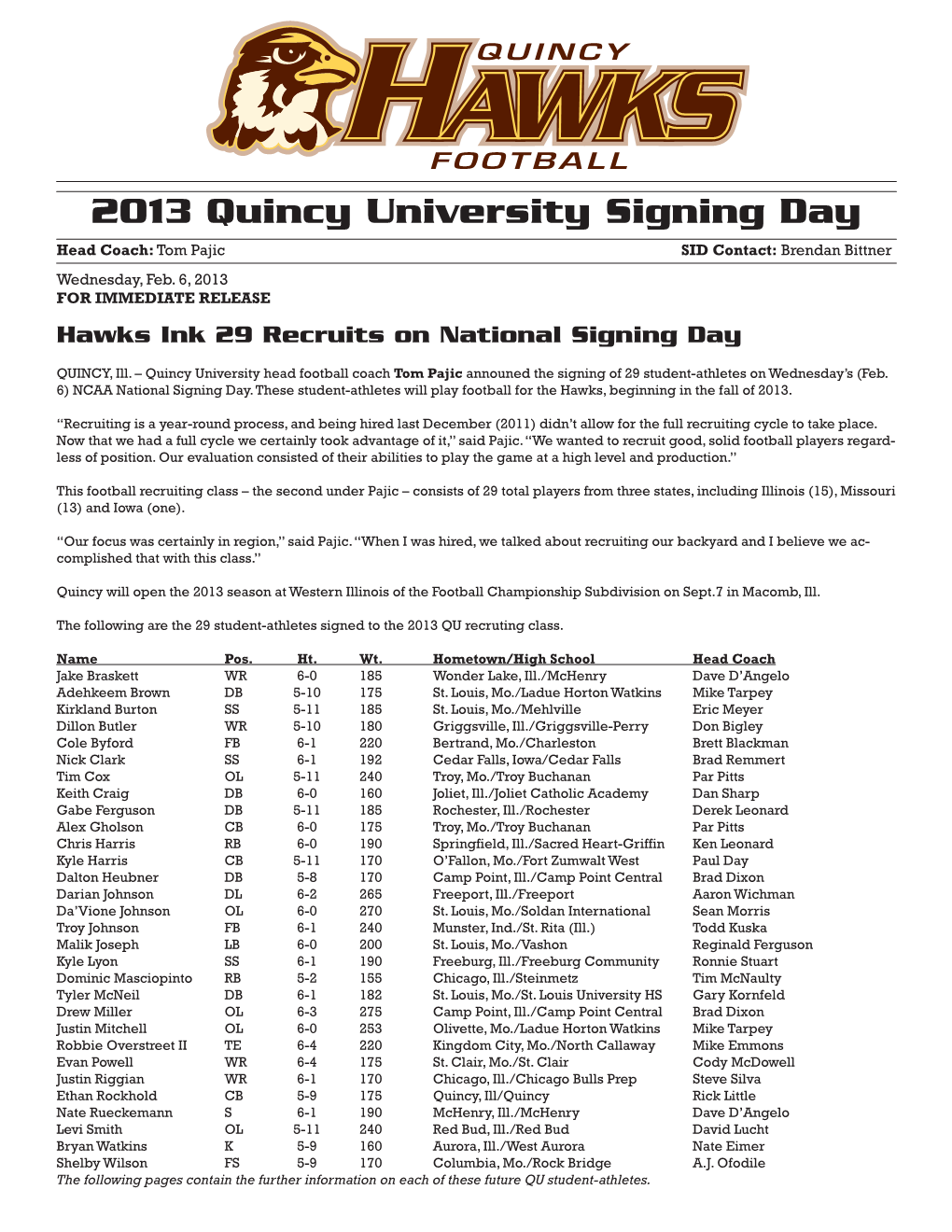 2013 Quincy University Signing Day Head Coach: Tom Pajic SID Contact: Brendan Bittner Wednesday, Feb