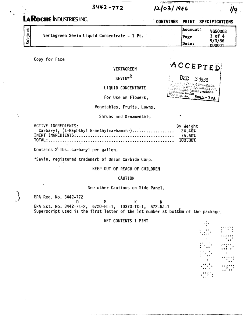 U.S. EPA, Pesticide Product Label, , 12/03/1986