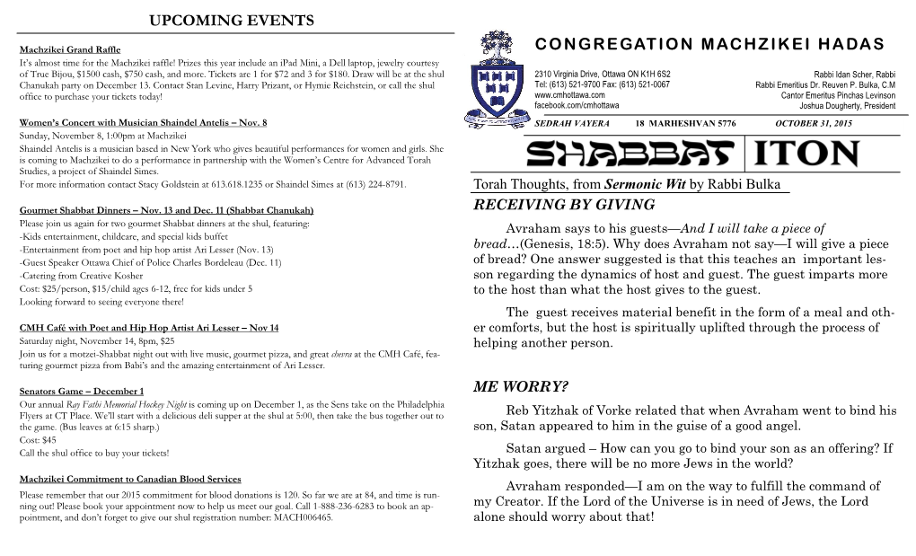 Upcoming Events Congregation Machzikei Hadas