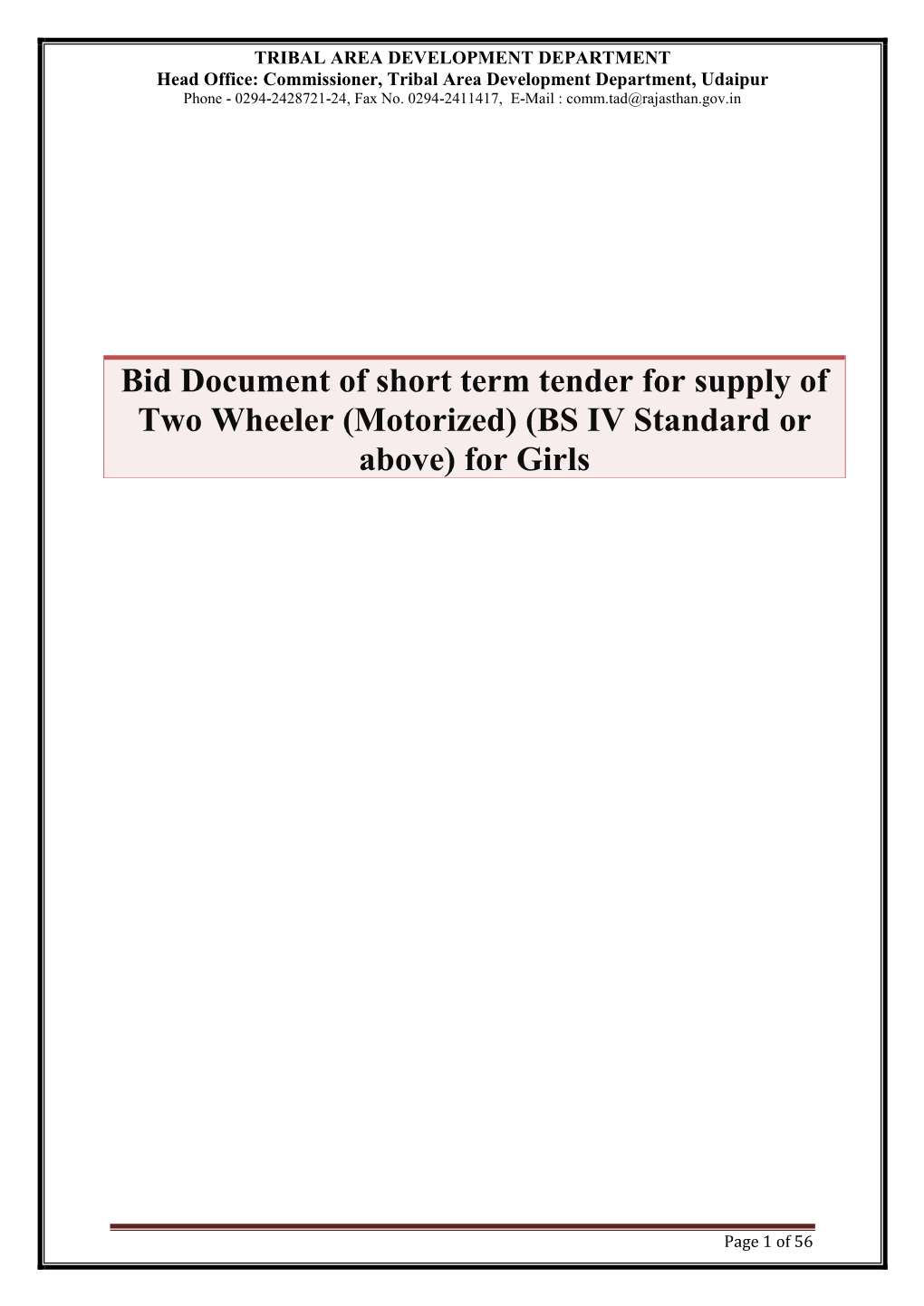 Bid Document of Short Term Tender for Supply of Two Wheeler (Motorized) (BS IV Standard Or Above) for Girls