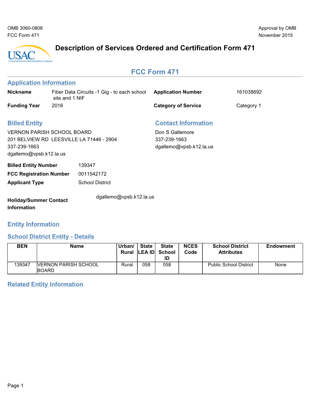 Description of Services Ordered and Certification Form 471 FCC Form