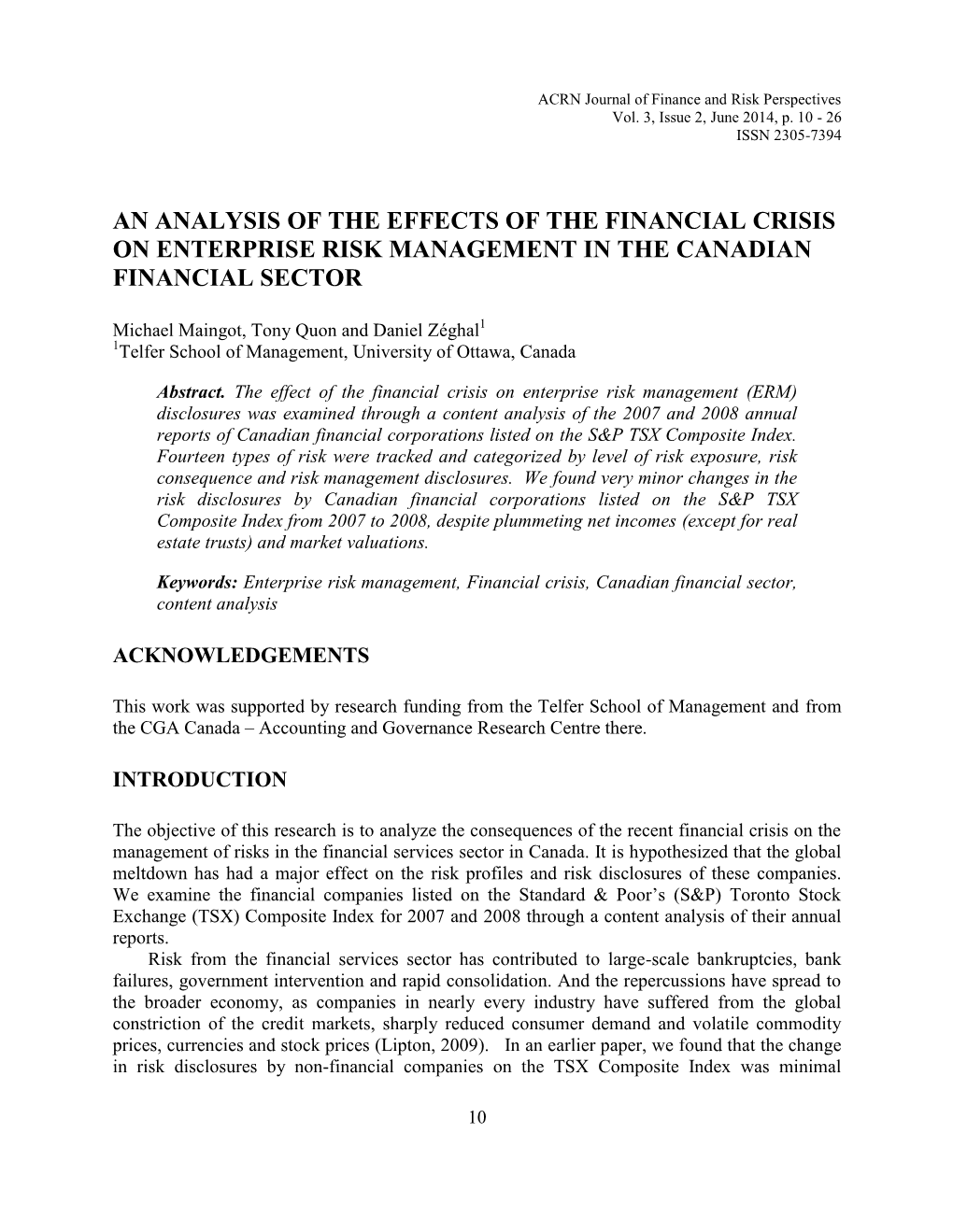 An Analysis of the Effects of the Financial Crisis on Enterprise Risk Management in the Canadian Financial Sector