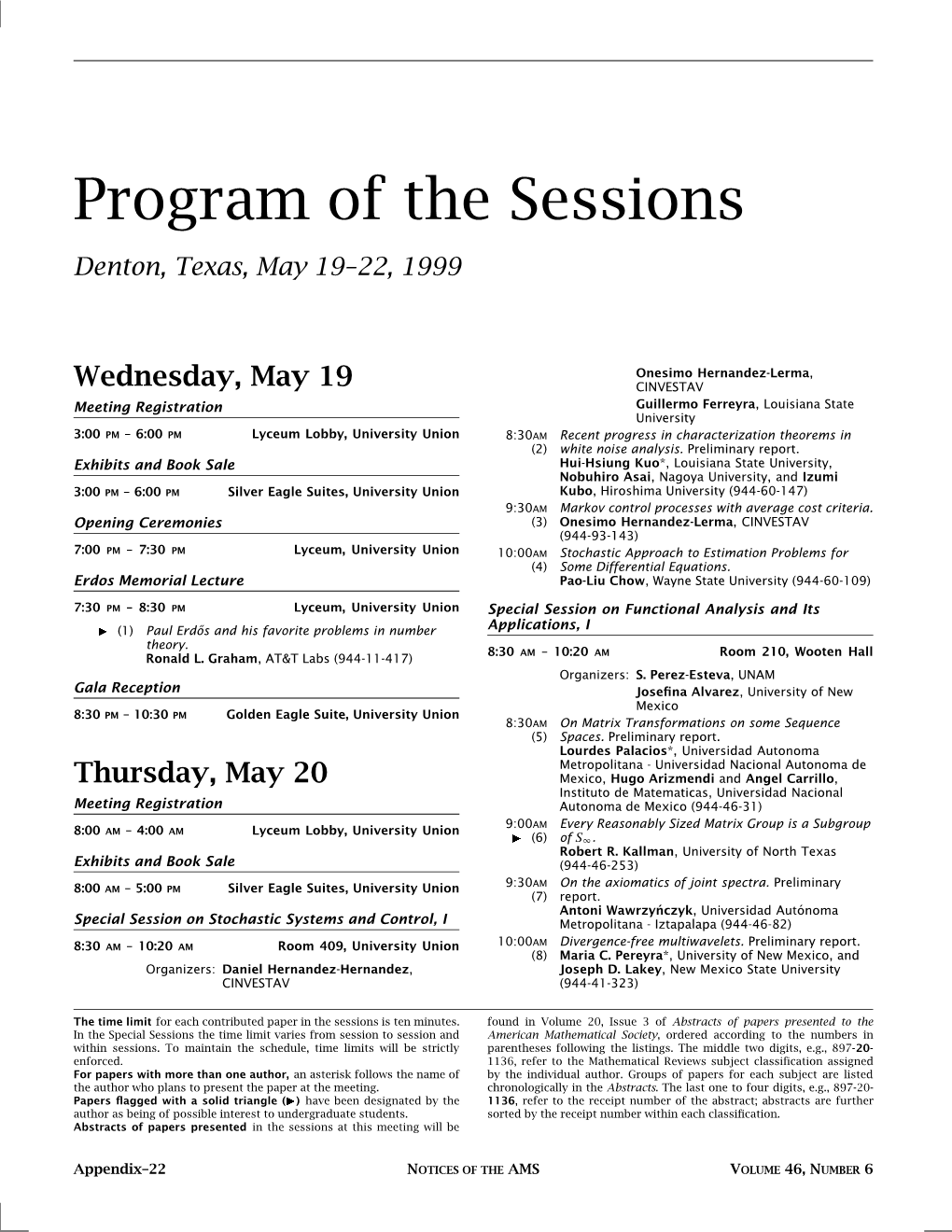 Program of the Sessions, Denton