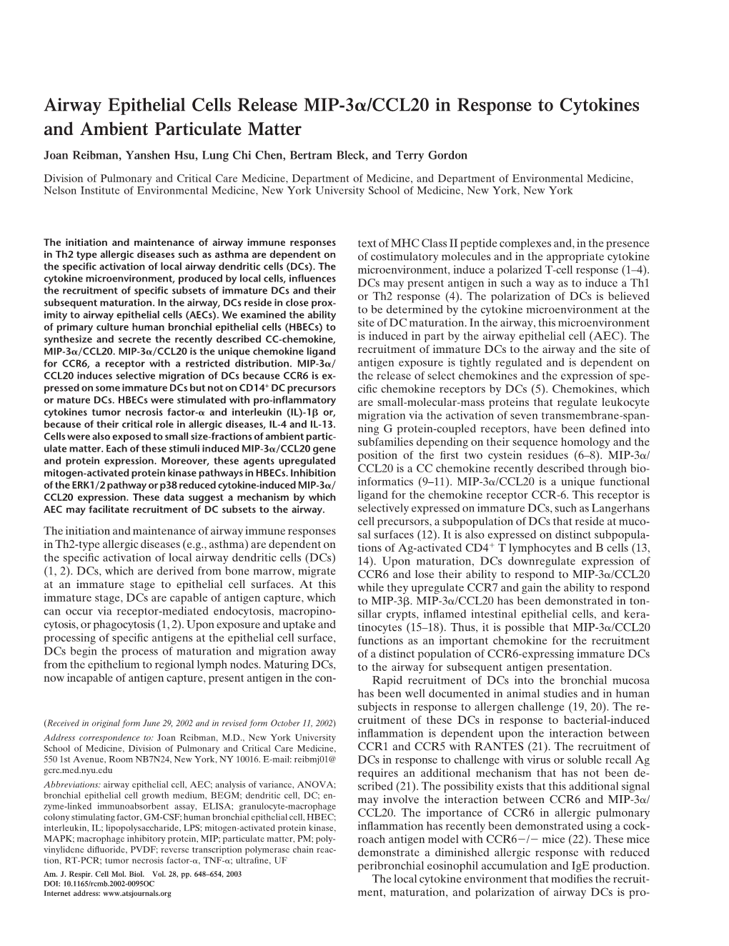 Airway Epithelial Cells Release MIP-3 /CCL20 in Response to Cytokines and Ambient Particulate Matter