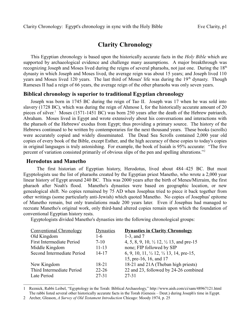 Clarity Chronology: Egypt's Chronology in Sync with the Holy Bible Eve Clarity, P1