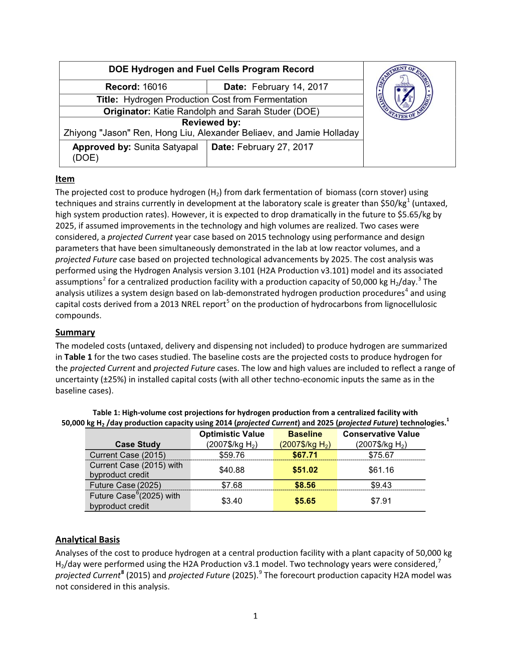 Hydrogen Production Cost from Fermentation Originator: Katie Randolph and Sarah Studer (DOE)