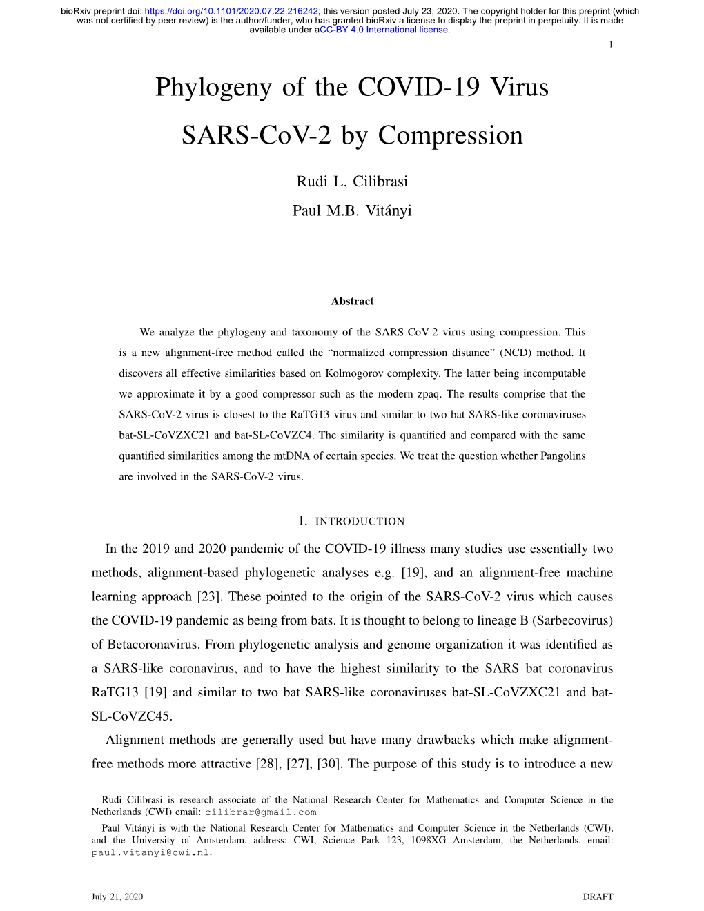 Phylogeny of the COVID-19 Virus SARS-Cov-2 by Compression