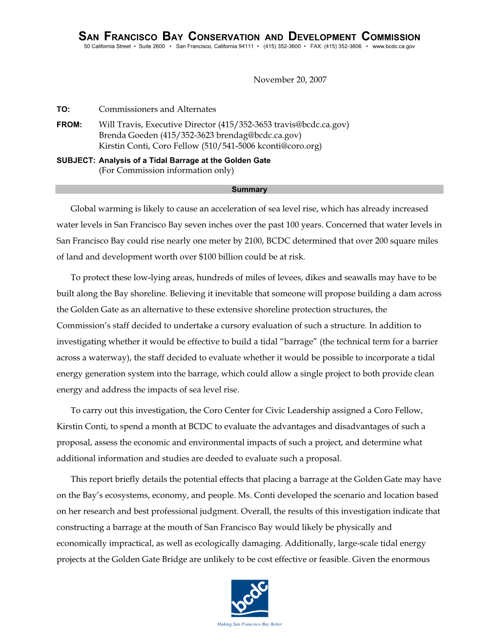 Analysis of a Tidal Barrage at the Golden Gate (For Commission Information Only)