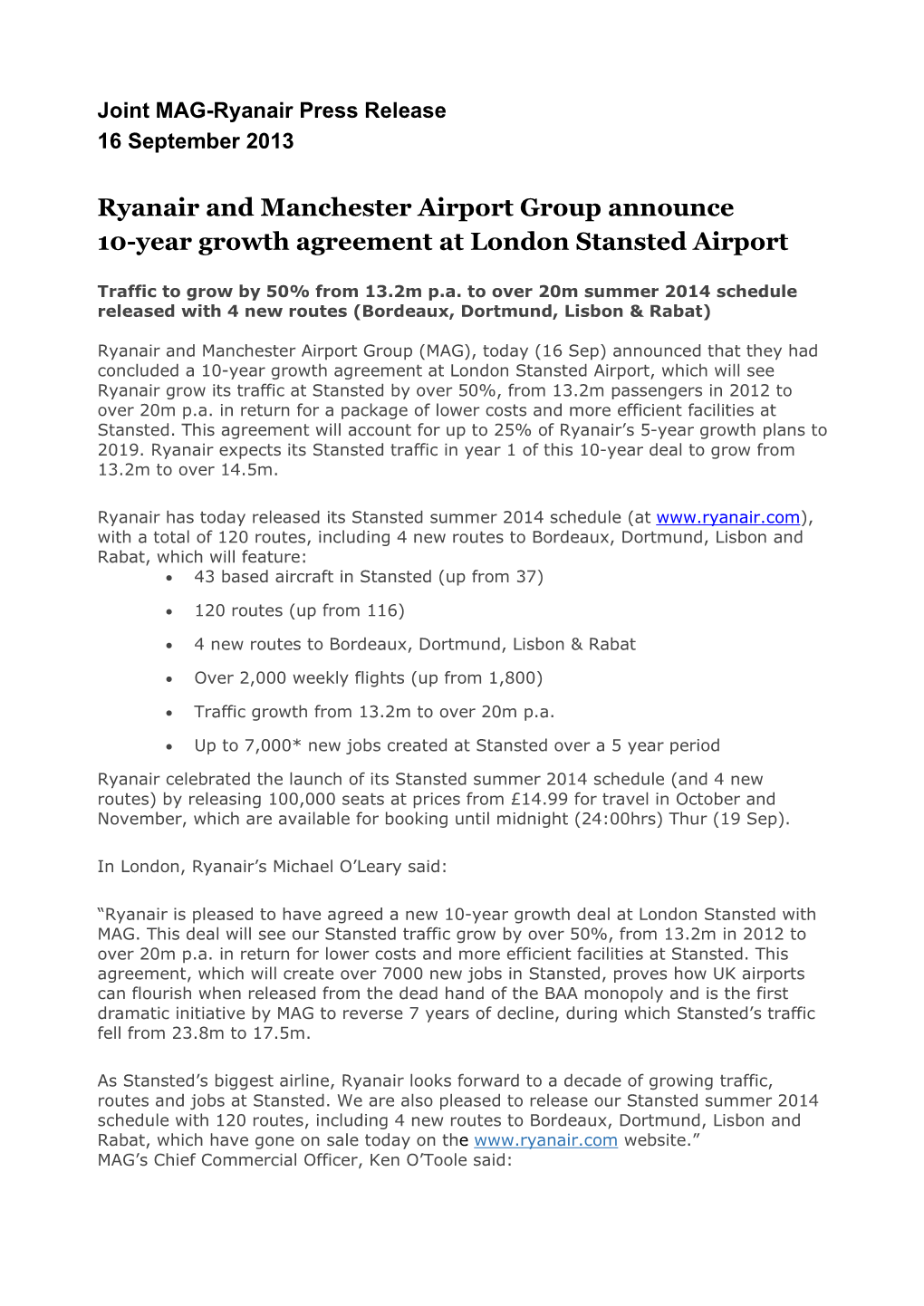 Ryanair and Manchester Airport Group Announce 10-Year Growth Agreement at London Stansted Airport