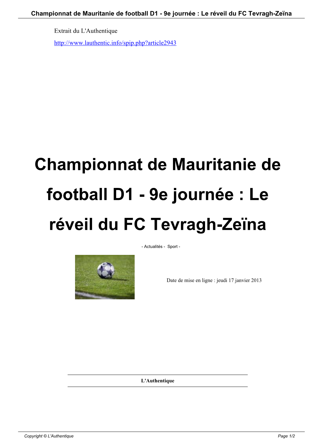 9E Journée : Le Réveil Du FC Tevragh-Zeïna