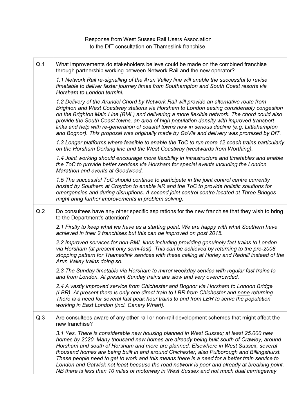 Response from West Sussex Rail Users Association to the Dft Consultation on Thameslink Franchise