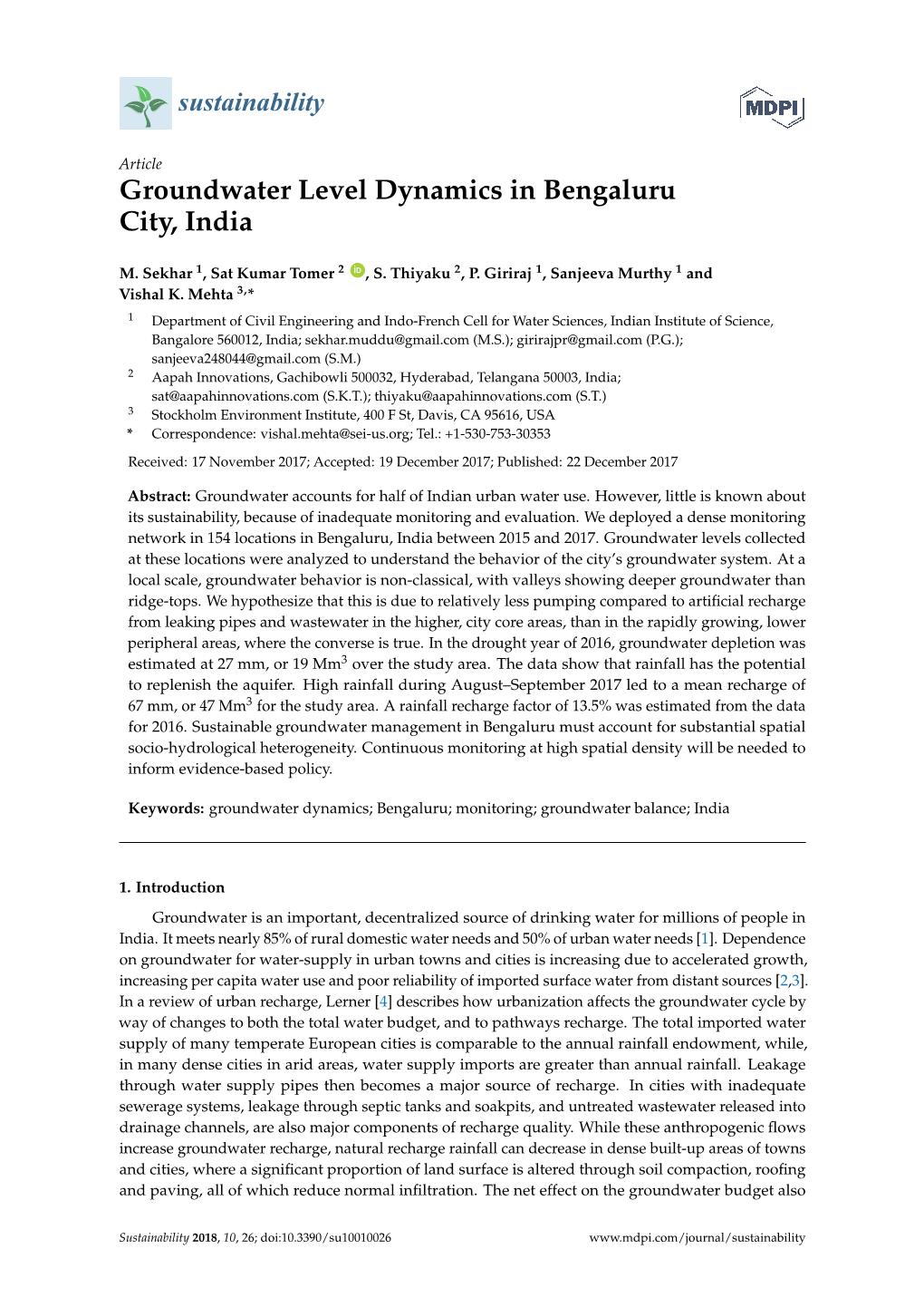 Groundwater Level Dynamics in Bengaluru City, India