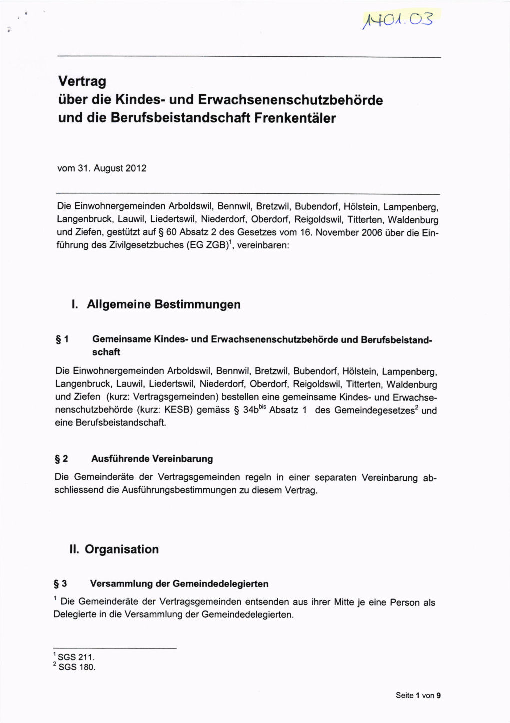 Vertrag Über Die Kindes- Und Erwachsenenschutzbehörde Und Die Berufsbeistandschaft Frenkentäler