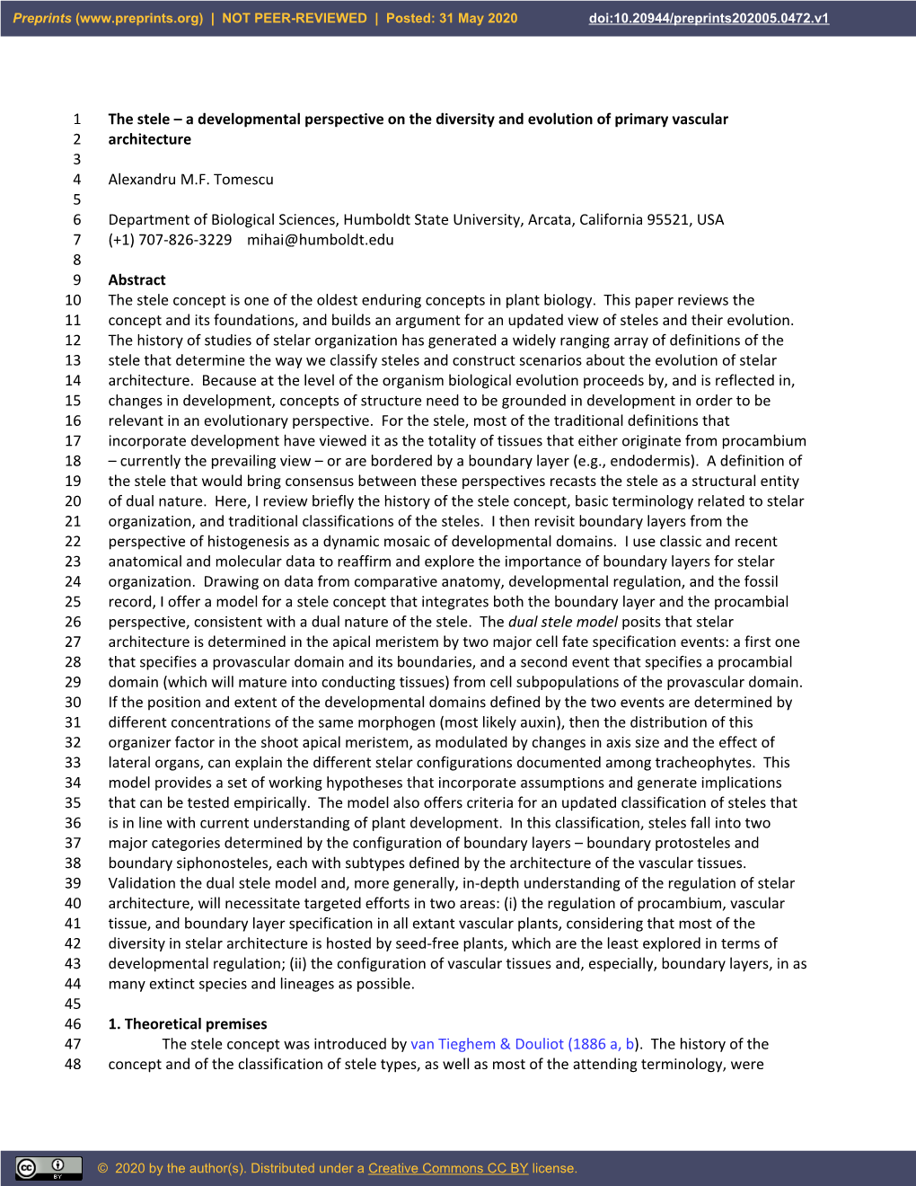 The Stele – a Developmental Perspective on the Diversity and Evolution of Primary Vascular 2 Architecture 3 4 Alexandru M.F