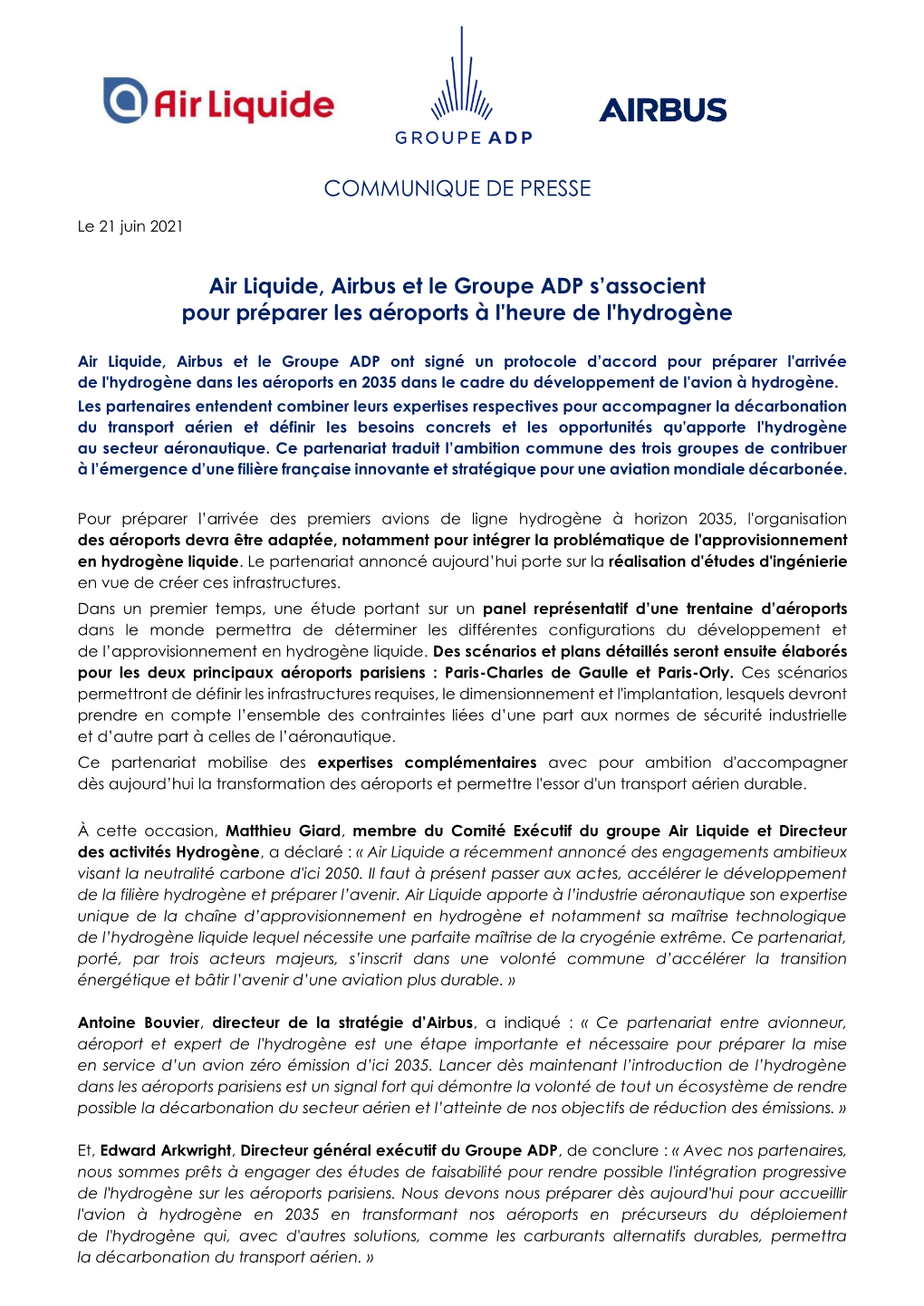 Air Liquide, Airbus Et Le Groupe ADP S'associent Pour Préparer Les