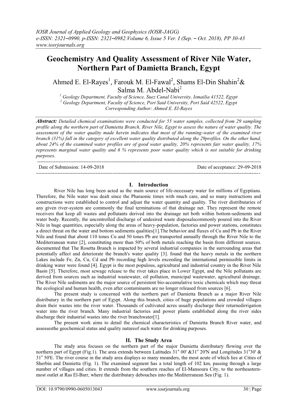 Geochemistry and Quality Assessment of River Nile Water, Northern Part of Damietta Branch, Egypt