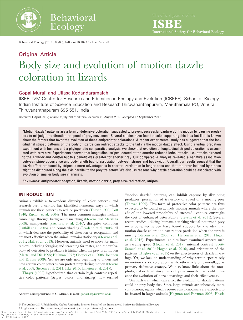 Body Size and Evolution of Motion Dazzle Coloration in Lizards