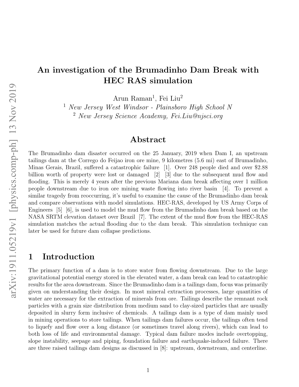 An Investigation of the Brumadinho Dam Break with HEC RAS Simulation