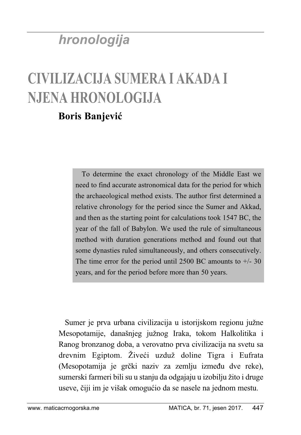 CIVILIZACIJA SUMERA I AKADA I NJENA HRONOLOGIJA Boris Banjević