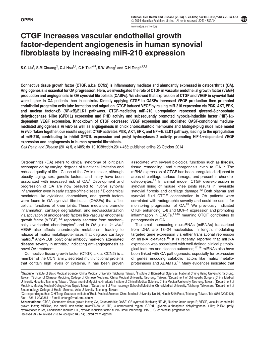 CTGF Increases Vascular Endothelial Growth Factor-Dependent Angiogenesis in Human Synovial Fibroblasts by Increasing Mir-210 Expression