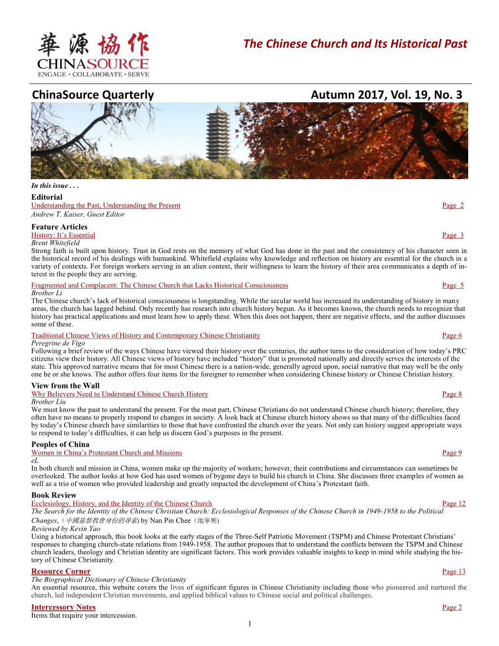 Chinasource Quarterly Autumn 2017, Vol. 19, No. 3 the Chinese Church