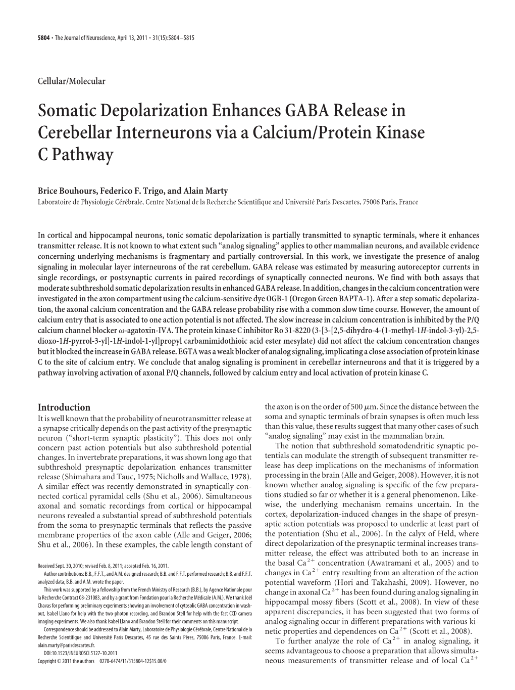 Somatic Depolarization Enhances GABA Release in Cerebellar Interneurons Via a Calcium/Protein Kinase C Pathway