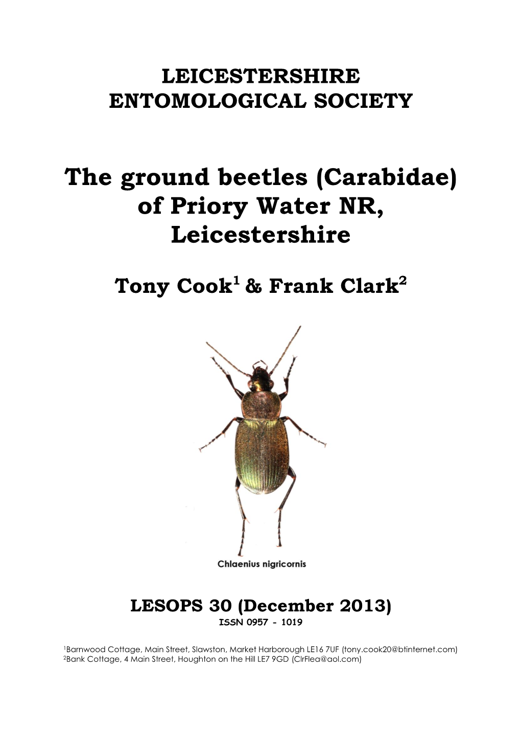 The Ground Beetles (Carabidae) of Priory Water NR, Leicestershire