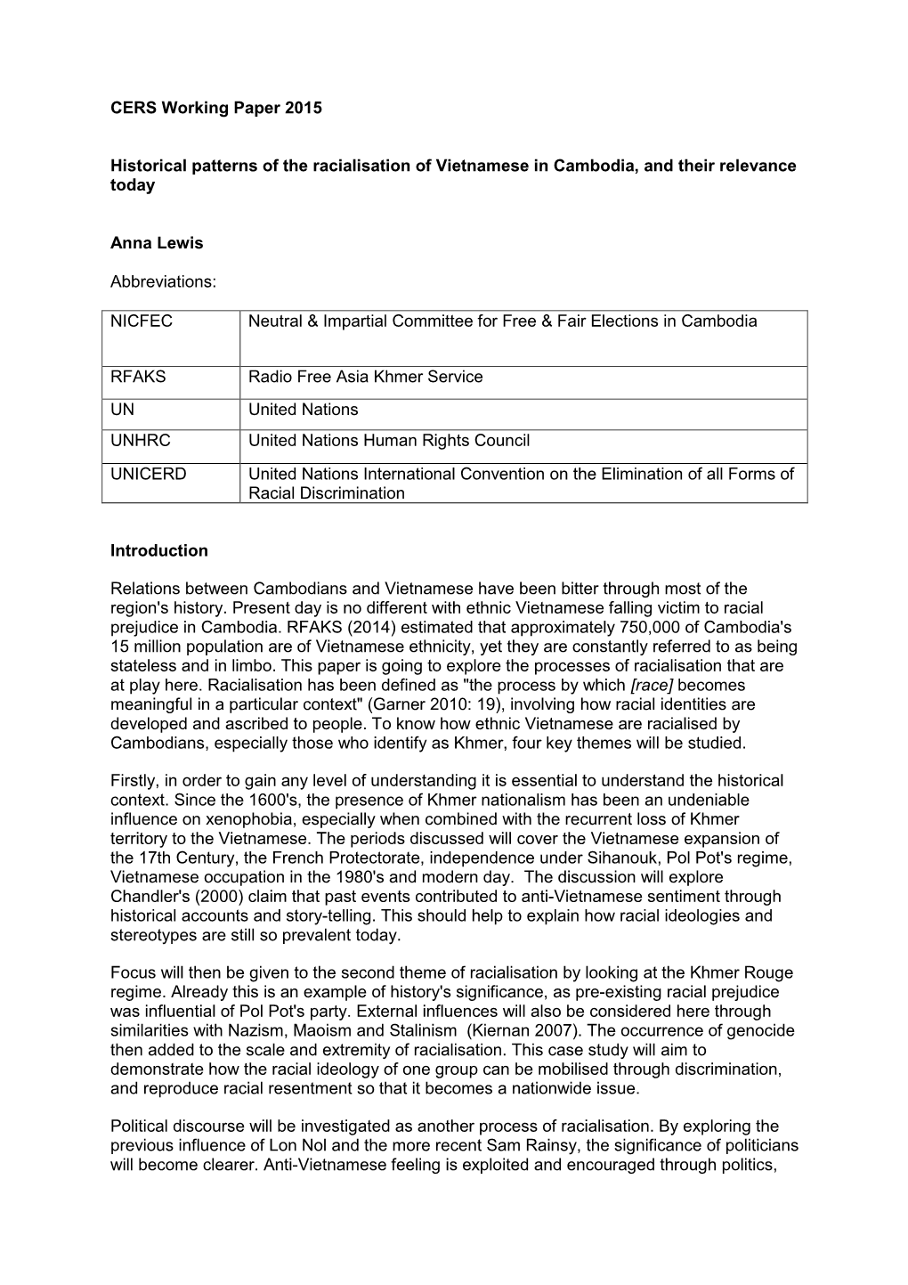 Historical Patterns of the Racialisation of Vietnamese in Cambodia, and Their Relevance Today, Anna Lewis, 2015