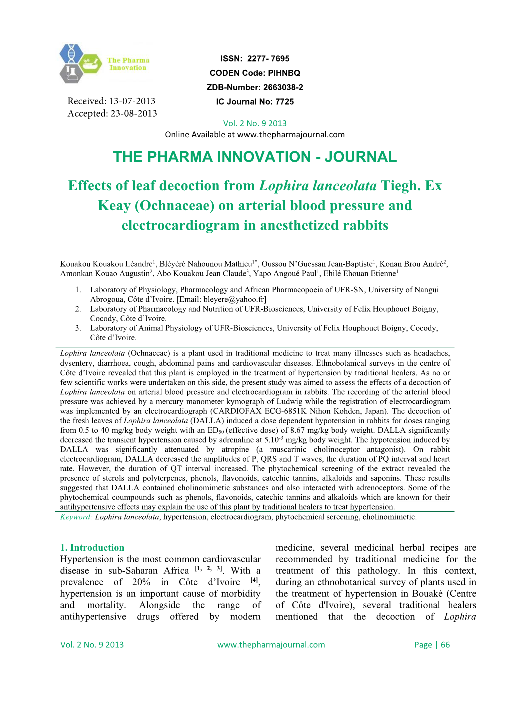 Ochnaceae) on Arterial Blood Pressure and Electrocardiogram in Anesthetized Rabbits