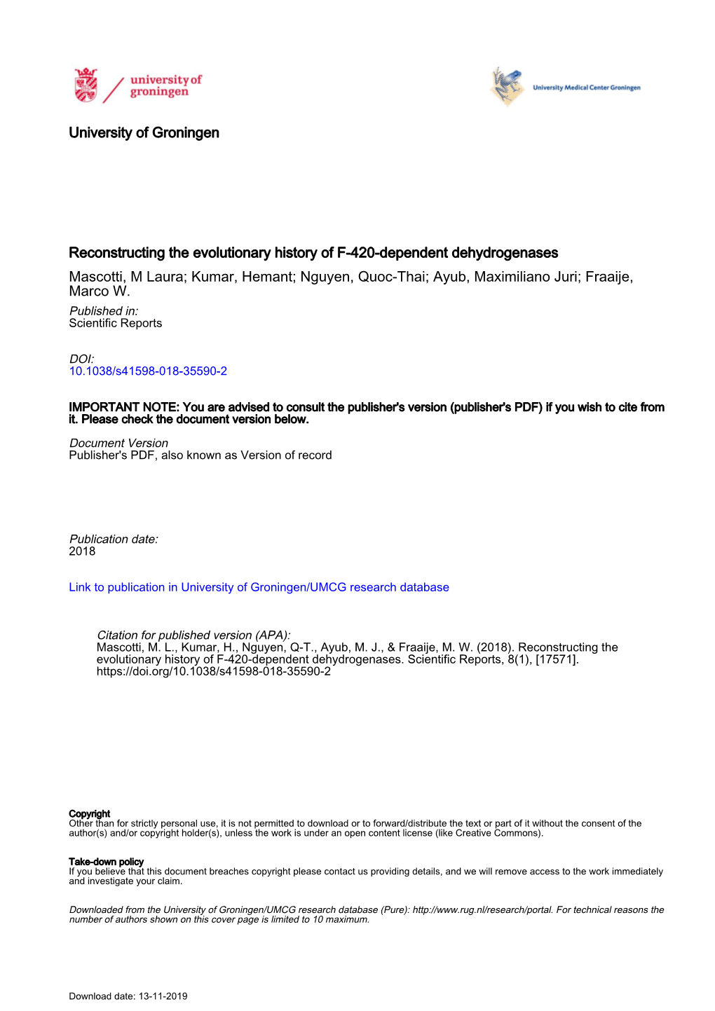 Reconstructing the Evolutionary History of F420-Dependent Dehydrogenases Received: 15 August 2018 M