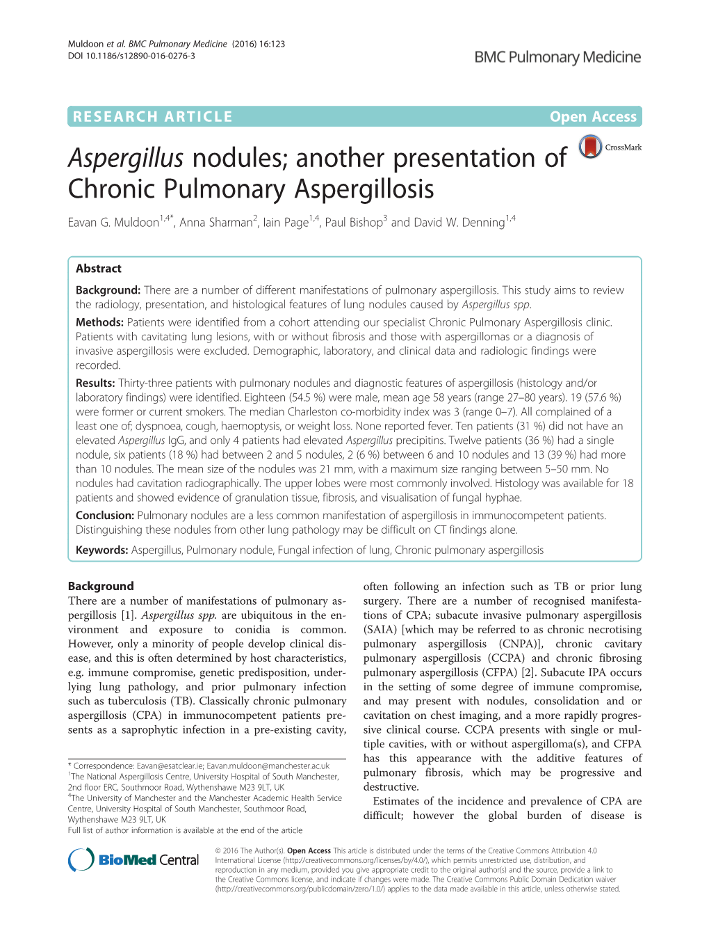 Aspergillus Nodules; Another Presentation of Chronic Pulmonary Aspergillosis Eavan G