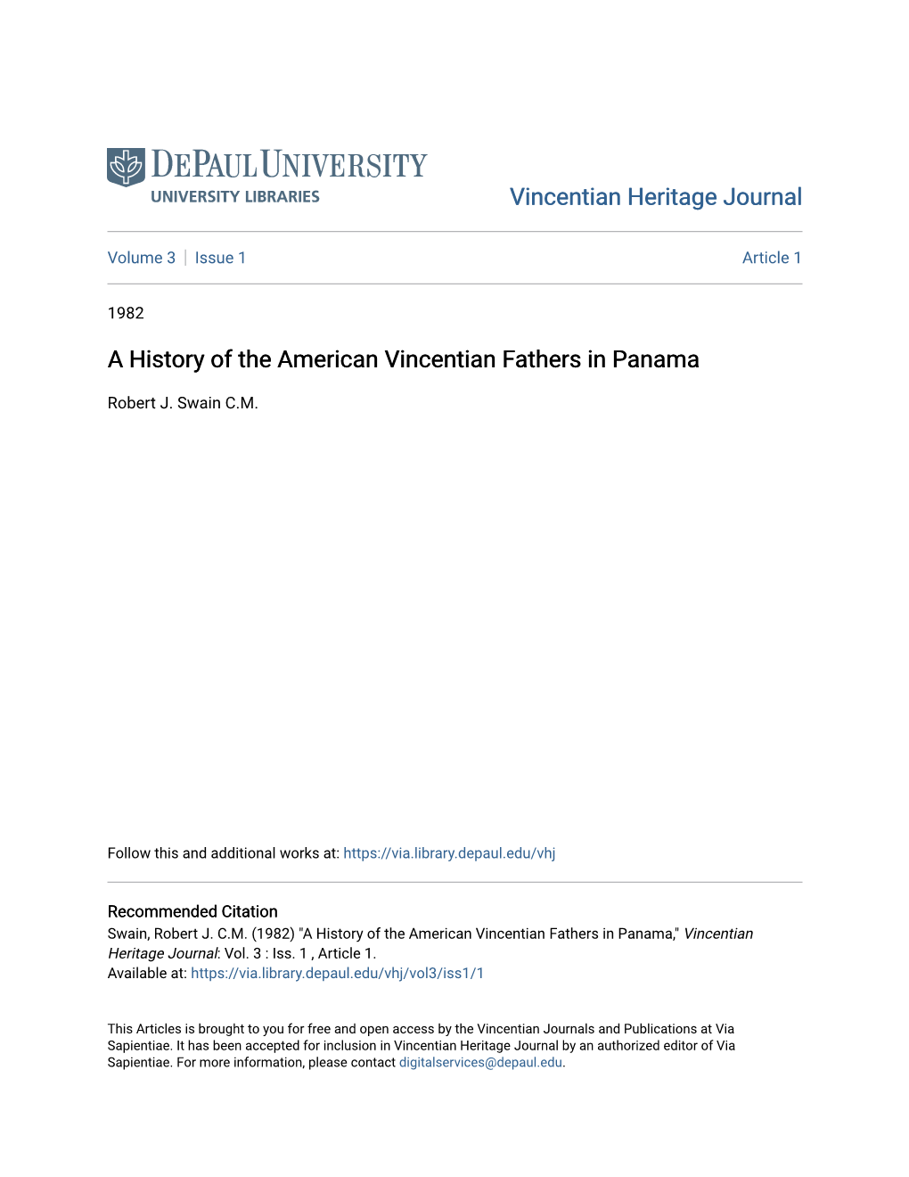 A History of the American Vincentian Fathers in Panama