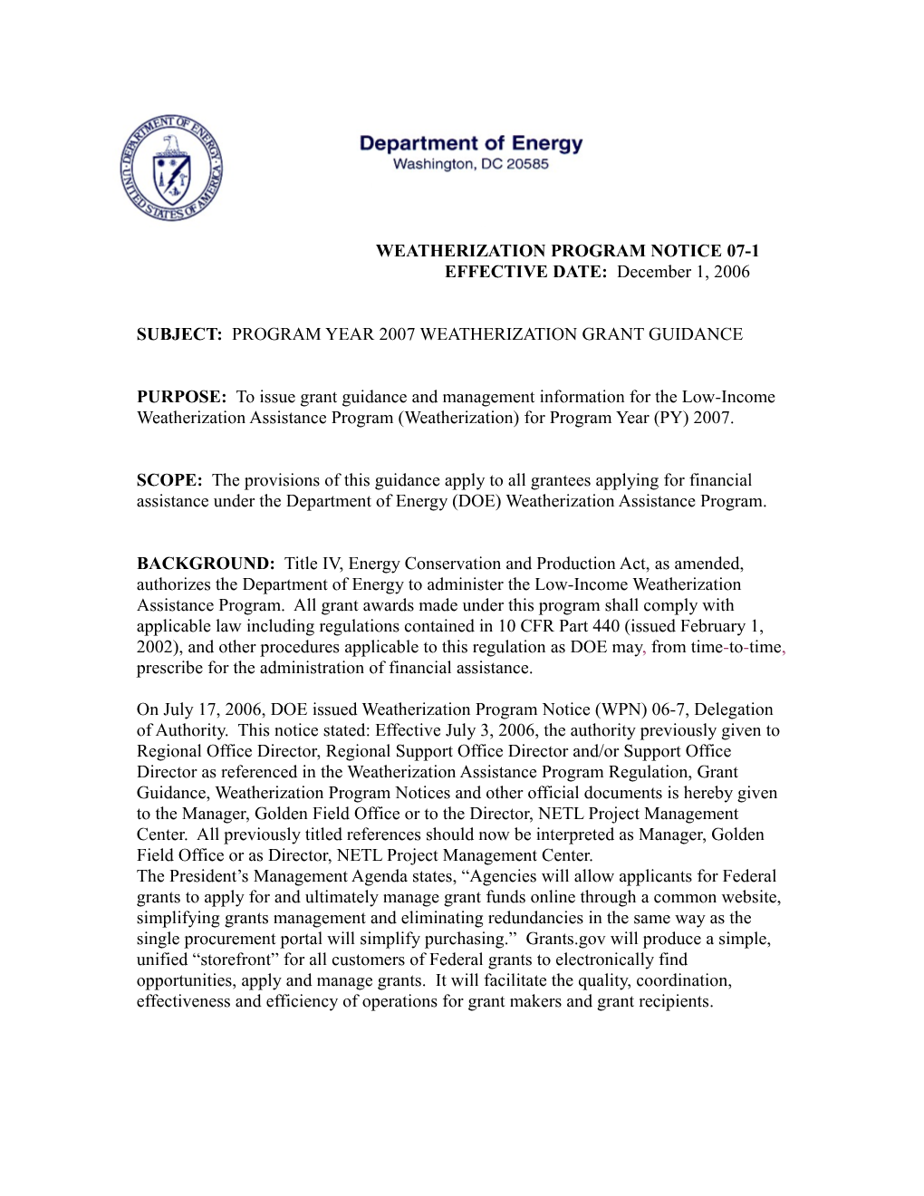 Weatherization Program Notice 07-1