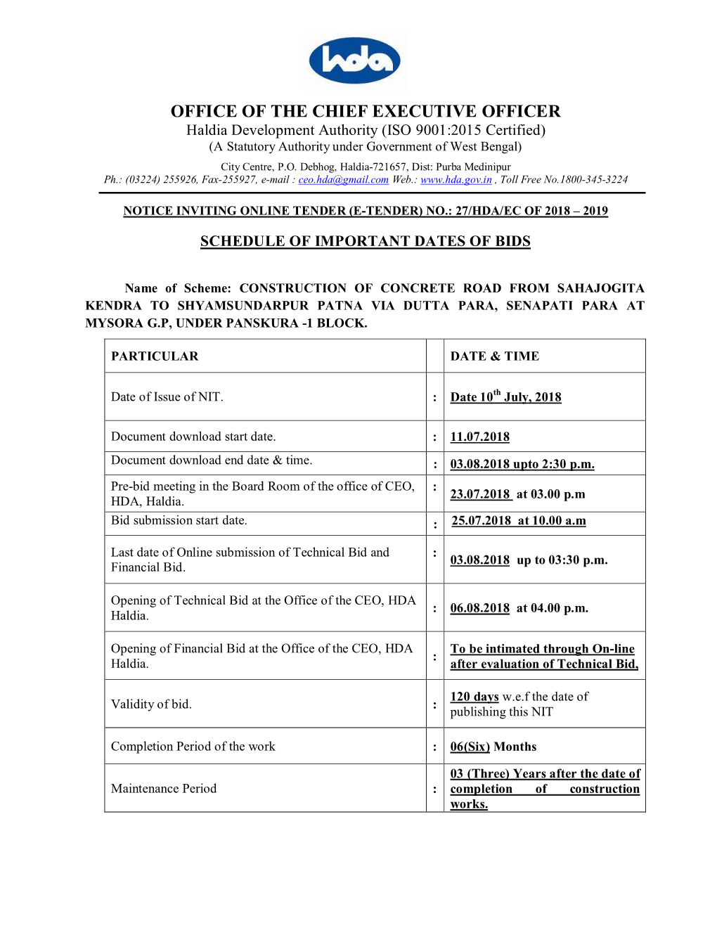 OFFICE of the CHIEF EXECUTIVE OFFICER Haldia Development Authority (ISO 9001:2015 Certified) (A Statutory Authority Under Government of West Bengal) City Centre, P.O