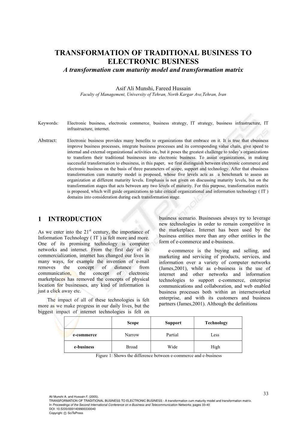 TRANSFORMATION of TRADITIONAL BUSINESS to ELECTRONIC BUSINESS a Transformation Cum Maturity Model and Transformation Matrix